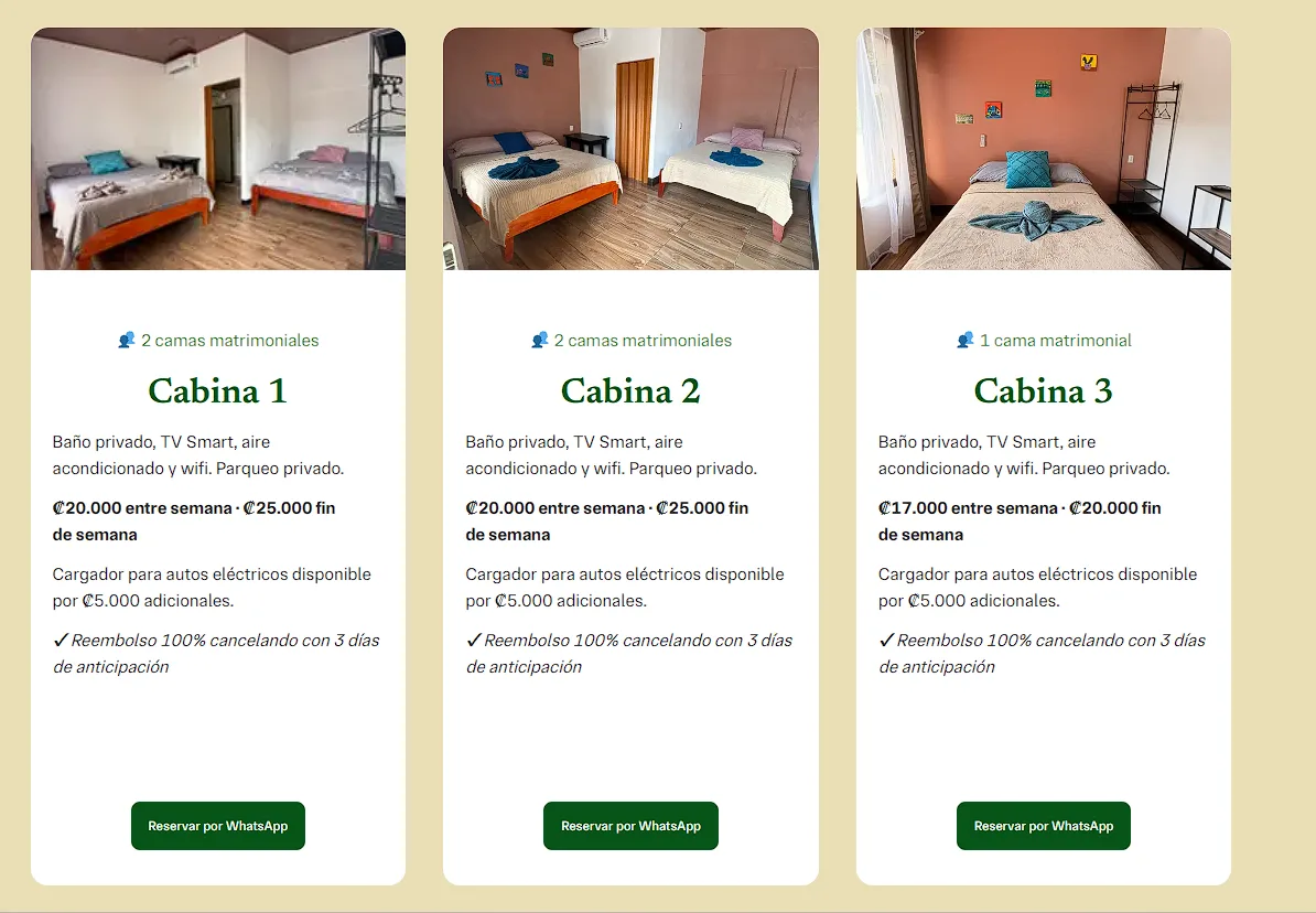 Tarjetas de cabinas con fotos, precios y botón de reserva por WhatsApp