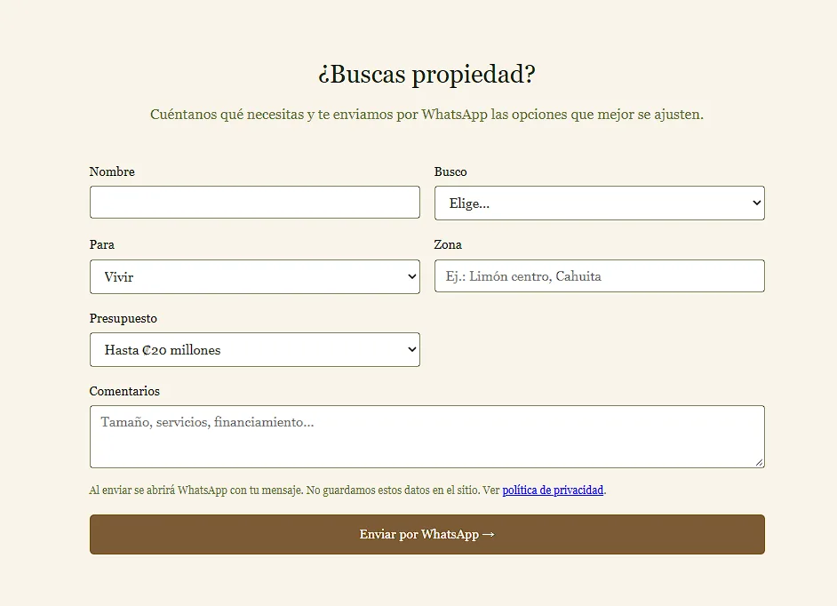 Formulario de búsqueda de propiedad que se envía por WhatsApp