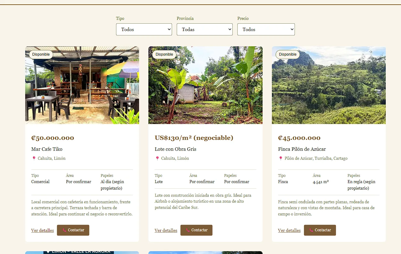 Catálogo de propiedades con filtros por tipo, provincia y precio